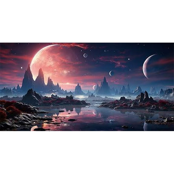 24X12IN, Cosmic Spaceterrarium Background, Cool Parallel Space Themed Aquarium Reptile Habitat Background, Red Moon Aquarium Background with 8EVA Double-Sided Tape