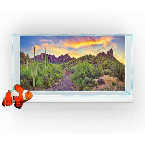 24X12IN Reptile Habitat Background Rock Blue Sky Oasis Cactus Sunset Desert Terrarium Background with 8 EVA Double-Sided Tape