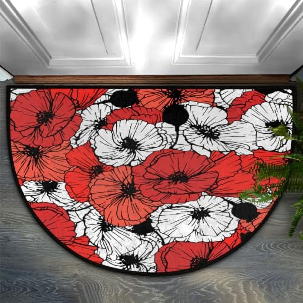 Butterfly Moon Flower Half Round Door Mat - Non-Slip Absorbent Entrance Rug, 36x24 Inches, Washable Low Profile