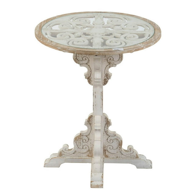 24X28.5" Round Wooden Carved Table, Distressed White Finish Design Antique White Primary Living Space Antique,French Country,Retro,Rustic,Vintage Wood