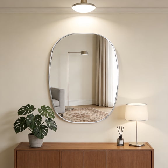 24X32 In Silver Metal Framed Oval Vanity Bathrrom Mirror For Wall