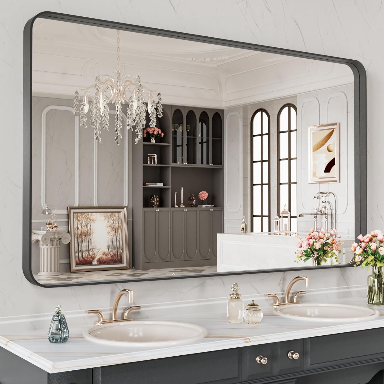 24X32 Inch Brushed Nickel Bathroom Mirror, Rounded Rectangle Silver ...