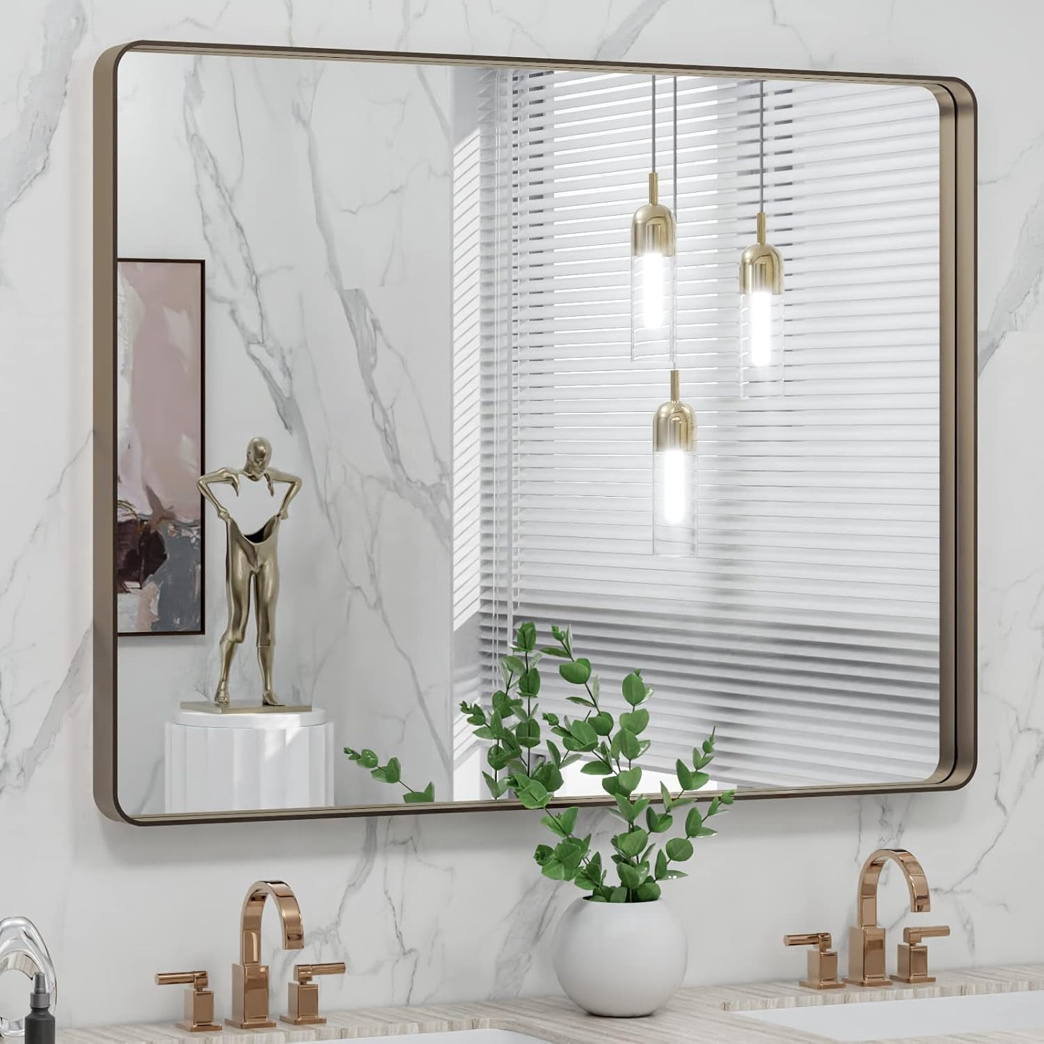 24X32 Inch Brushed Nickel Bathroom Mirror, Rounded Rectangle Silver ...