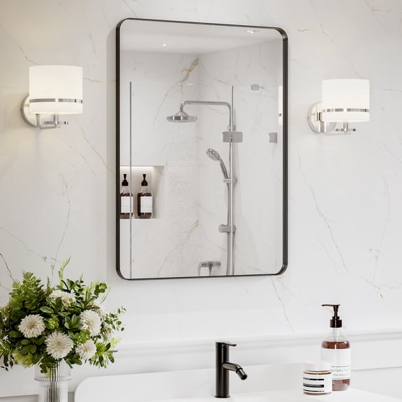 24X32 Inch Square Matte Black Bathroom Vanity Mirrors Flush Mount Deep Set Metal Wall Mirror for Over Sink HD Shatterproof Glass, Rustproof Bathroom, Bedroom, Dressing Room, Hallway, Living Room