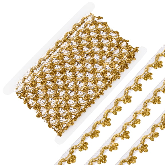 24Yards Metallic Gold Lace Ribbon Glitter Filigree Edging Decorative Gimp Trim White Polyester Wavy Edge Applique Woven Trim Embroidered Fabric Ribbon