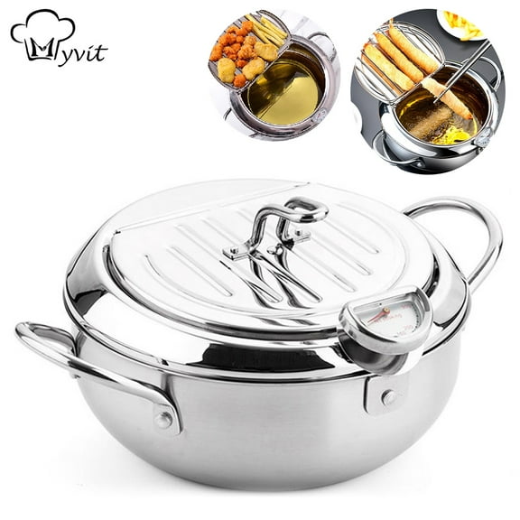 24cm Kitchen Deep Frying Pot with Thermometer and Lid Stainless Steel Pans Japanese Tempura Fryer Pan Fried Chicken Pot Cooking Tools