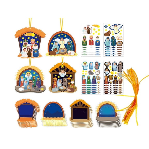 24ct Nativity Craft Stickers for Kids, DIY Religious Christmas Scenes Birth Craft Kit with Hanging Ribbons