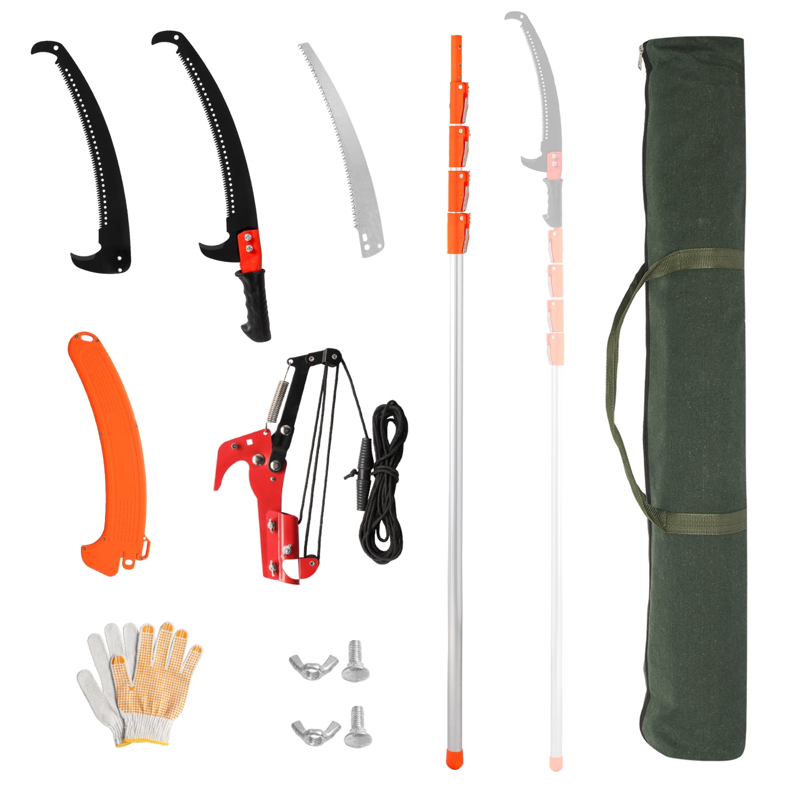 24ft Manual Pole Saw Set, Extendable 7.3ft to 24.1ft, Alloy Steel Blades, Fiberglass Poles, Rope Pull System, All-in-One Pruning Kit for Garden Trees & Shrubs