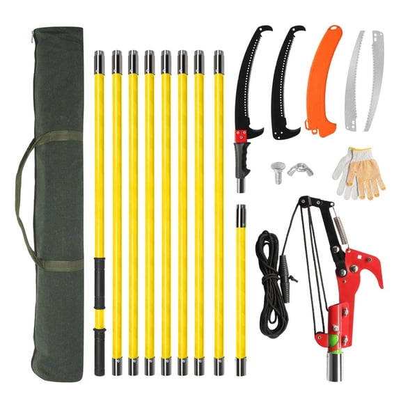 24ft Manual Pole Saw Set, Long Handle Tree Pruner, Lightweight Tree Trimmer with Sharp Steel Blade & Scissors for High Branches, Palm, Pear & Fir Trees