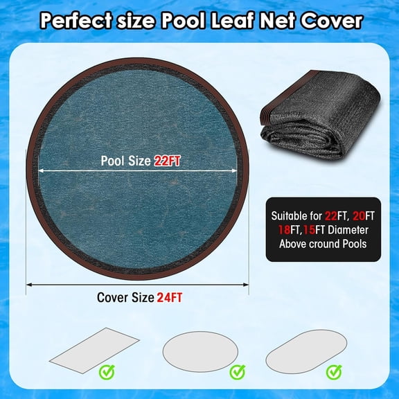 24ft Round Leaf Net Pool Cover, Pool Leaf Net Covers for Above Ground Swimming Pool Leaf Net Screen Cover Mesh Top Covers Netting Large Protective Pool Leaf Cover-24Foot, Black