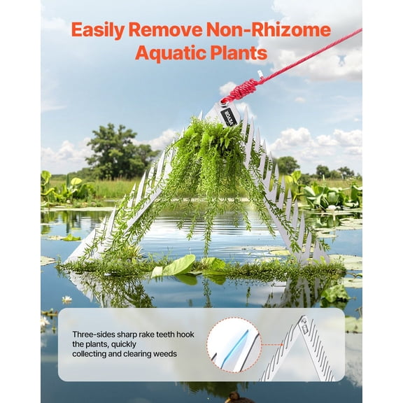 24in Aquatic Weed Rake,3-Sided Lake Weed Rake with Handle,Portable&Foldable Pond Water Grass Razor,Stainless Steel Throwable Floating Pond Weeds Cutter with 30 ft Rope,for Lakes Ponds