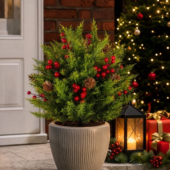 24in Artificial Cedar Christmas Ground Decor, Waterproof Yard Insert Pick With Red Berries Pinecones Foliage Outdoor Xmas Holiday Decor