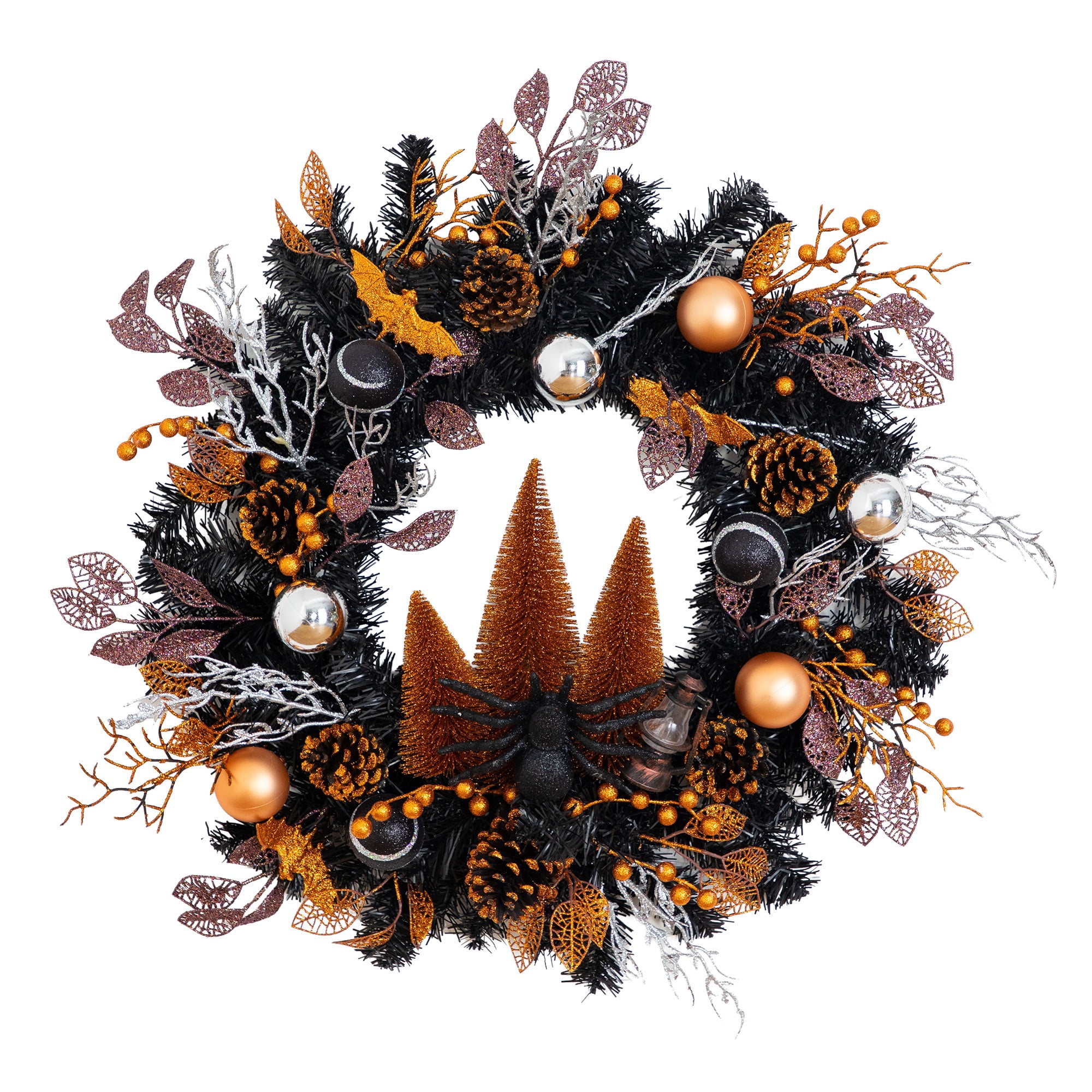 24in. Artificial Halloween Black Mixed Foliage Wreath with Bats, Pinecones and Trees