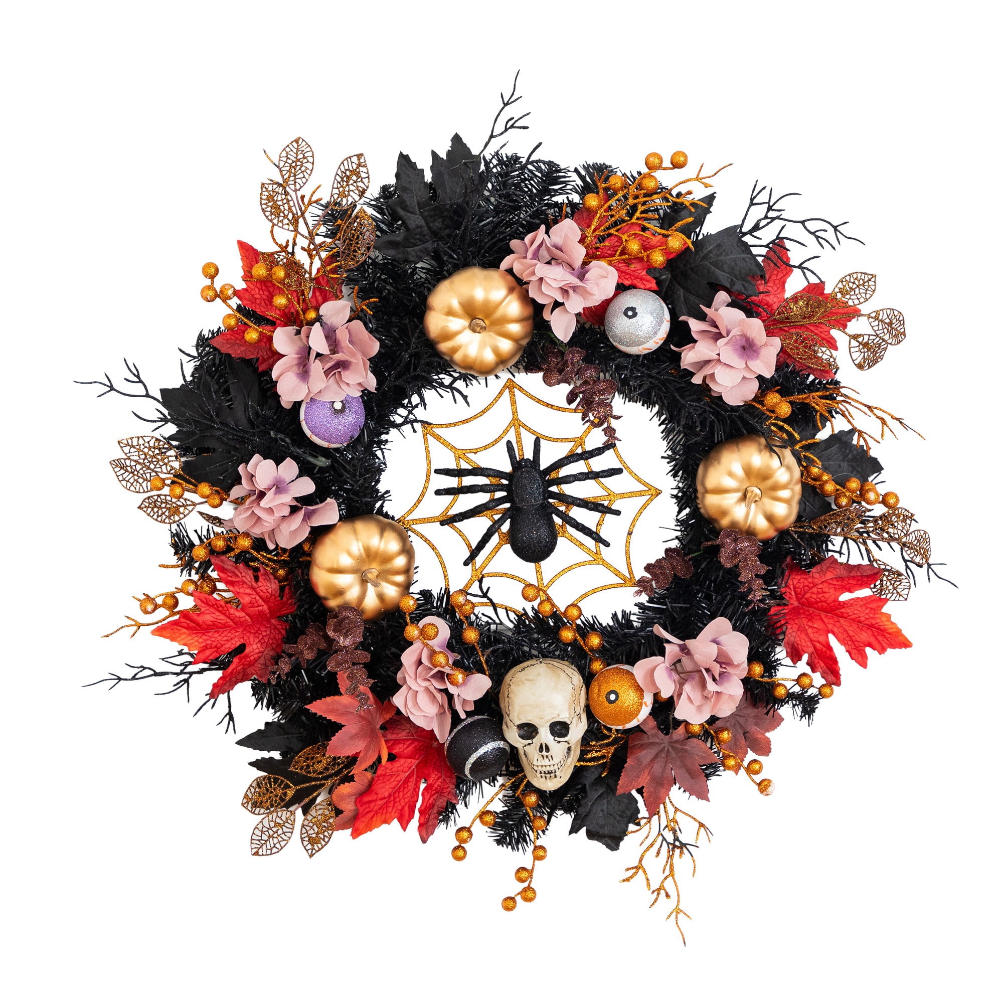 24in. Artificial Halloween Wreath with Skulls, Spiders and Pumpkins