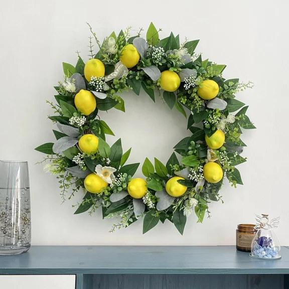 24in Artificial Lemon Wreath Front Door Decoration, Spring Summer Autumn Festival Wreath for Graduate Gift Indoor Outdoor Window Wall Wedding Decoration