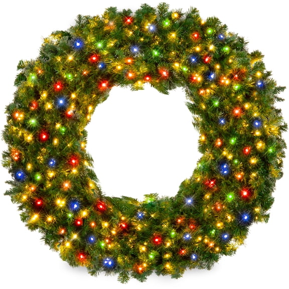 Best Choice Products 24in Artificial Pre-Lit Fir Christmas Wreath Decoration w/ 50 Multicolor Lights, 100 Tips