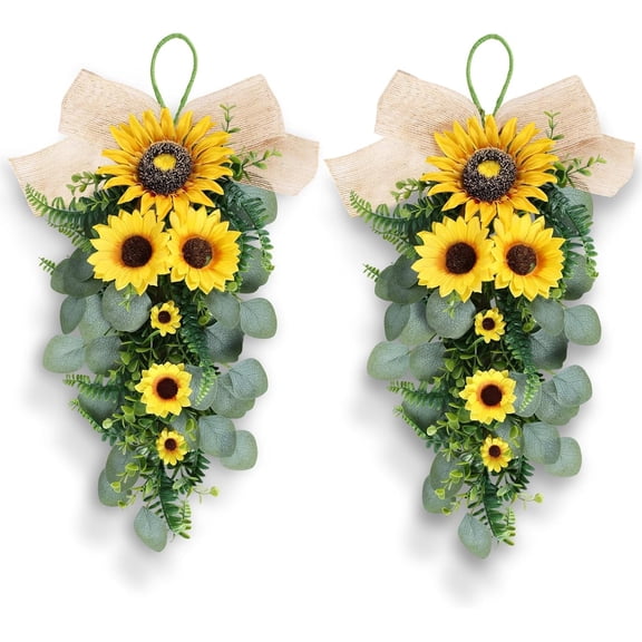 24in Artificial Sunflowers Teardrop Swag Spring Summer Sunflowers Floral Swag Wreath with Burlap Bow Fake Yellow Sunflower Garland for Front Door Indoor Outdoor Window Home Decor