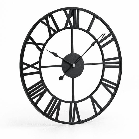 24in Black Metal Roman Numeral Wall Clock, Indoor Outdoor Decorative Oversized Timepiece