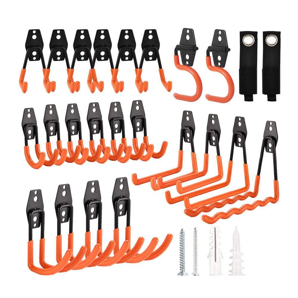 24in. Black Steel Heavy Duty Wall Rack with 30 Pack Garage Hooks for ...
