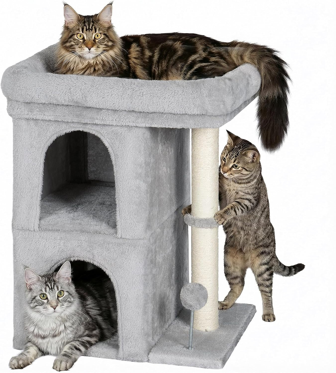 24in Cat Tree Tower with Scratching Post, 19 * 16.5in Window Perch Bed for Large Adult Cats, 2 Small Condo Cubbies for Indoor Kittens, Light Gray