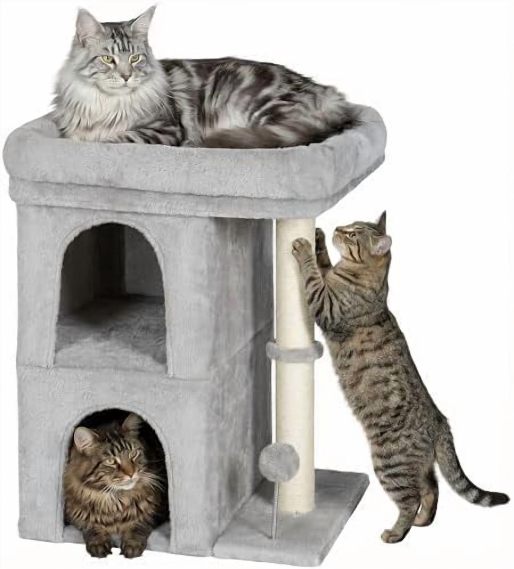 24in Cat Tree Tower with Scratching Post, 19 * 16.5in Window Perch Bed for Large Adult Cats, 2 Small Condo Cubbies for Indoor Kittens, Light Gray