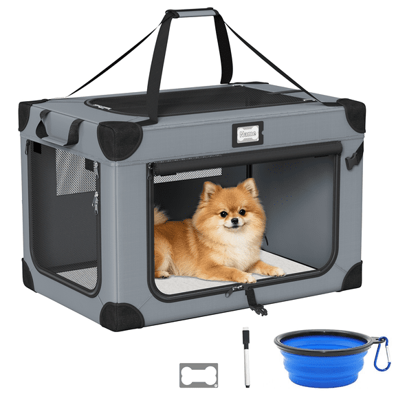 24in Collapsible Dog Crate, Portable Soft Travel Dog Crate with Bowl, Foldable Pet Kennel Carrier, with Signature Card and Pen, Gray