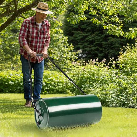 24in Heavy Duty Steel Lawn Roller, Extra Large Fillable Water/Sand Garden Yard Roller, Non-Slip U-Shaped Handle for Soil Compaction, Grass Seed Leveling, Lawn Care & Landscaping, Green & Black