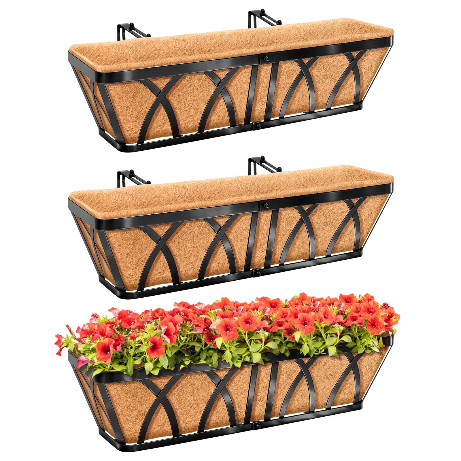 24in Metal Railing Planter Window Box 3 Pack For Deck Balcony Porch Fence Indoor Outdoor Plants