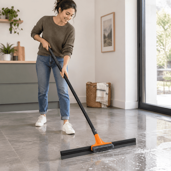 24in Orange Heavy Duty Floor Squeegee Broom with Brush and Long Handle