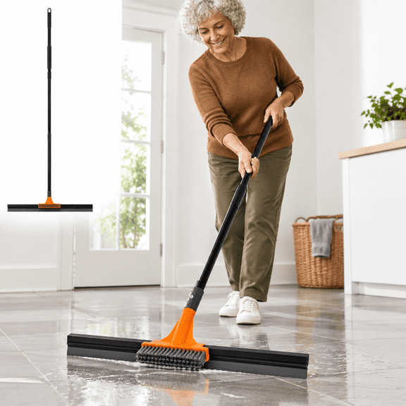 24in Orange Heavy Duty Floor Squeegee Broom with Built-In Brush and Long Handle
