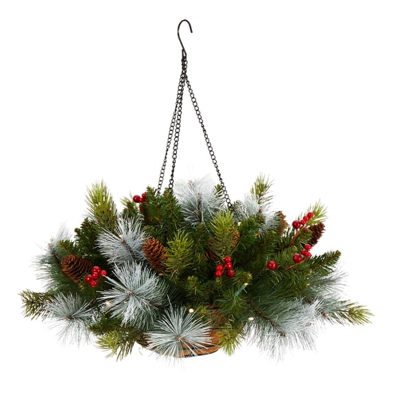 24in. Pre-Lit Artificial Pine and Berry Christmas Hanging Basket with LED Lights