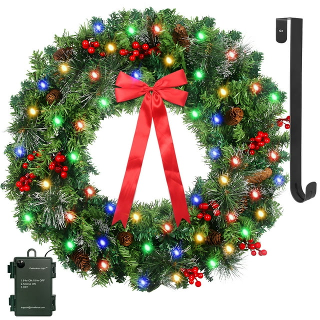 24in Prelit Christmas Wreath Battery Operated 50 Multicolored Lights