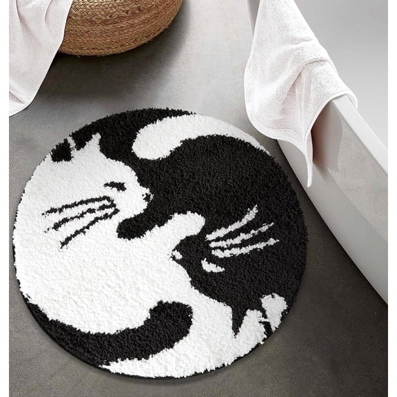 24in Round Funny Black and White Yin Yang Cat Non Slip Bath Mat