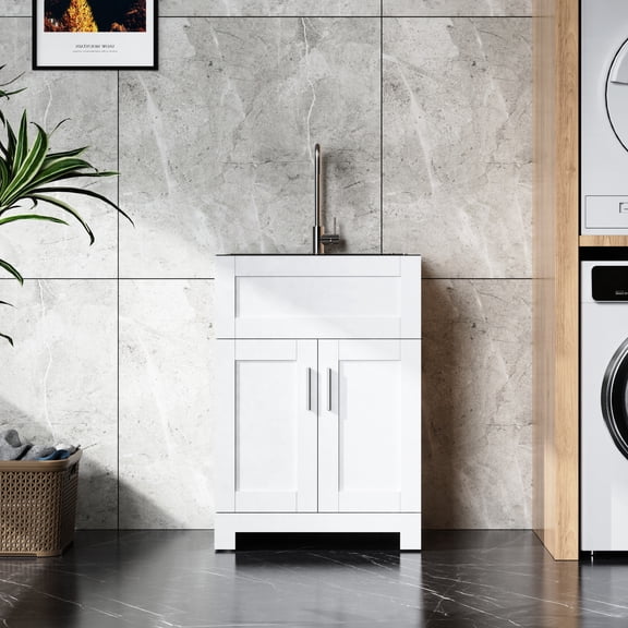 24in White Utility Unit | Silver Brushed Finish, Noise Reduction | Laundry Zone