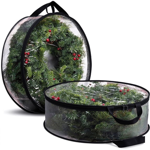 24in Wreath Storage Bag, Clear Christmas Wreath Storage Container with Handle and Dual Zipper, Waterproof Wreath Organizer for Spring Summer Autumn Winter Wreath Holiday Decor (Black) - Akmoler