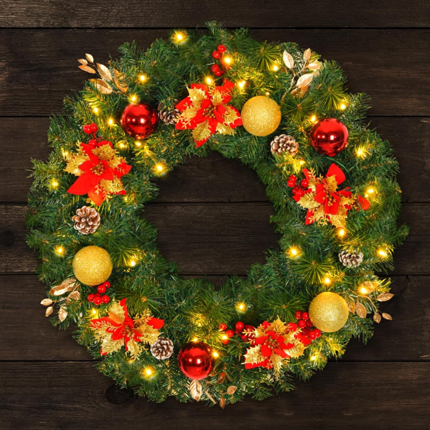 28inch Prelit Christmas Wreath Extra Large 8 Modes Timer Deluxe Lighted Christmas Wreath Decorations Ornament with LED Lights Door Window Fireplace