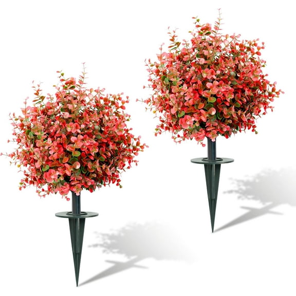 24inch Artificial Red Eucalyptus Topiary Balls Trees 2-Piece Realistic Weatherproof Plants Faux Shrubs with Ground Spikes for Porch Front Door Garden Wedding Backyard Outdoor Decor