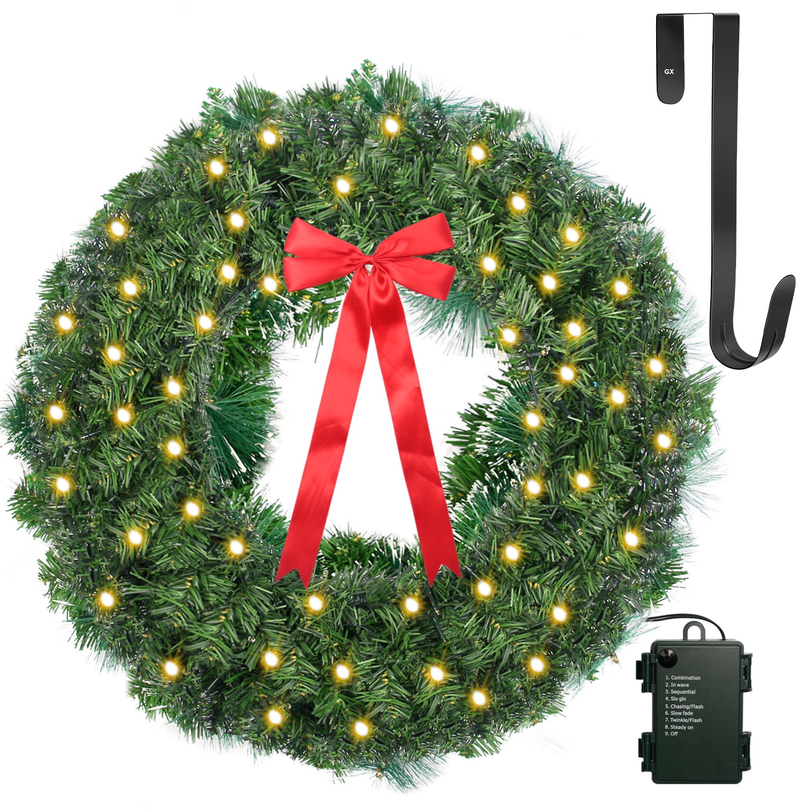 24inch Christmas Wreath Battery Operated Prelit 50 Warm White Lights