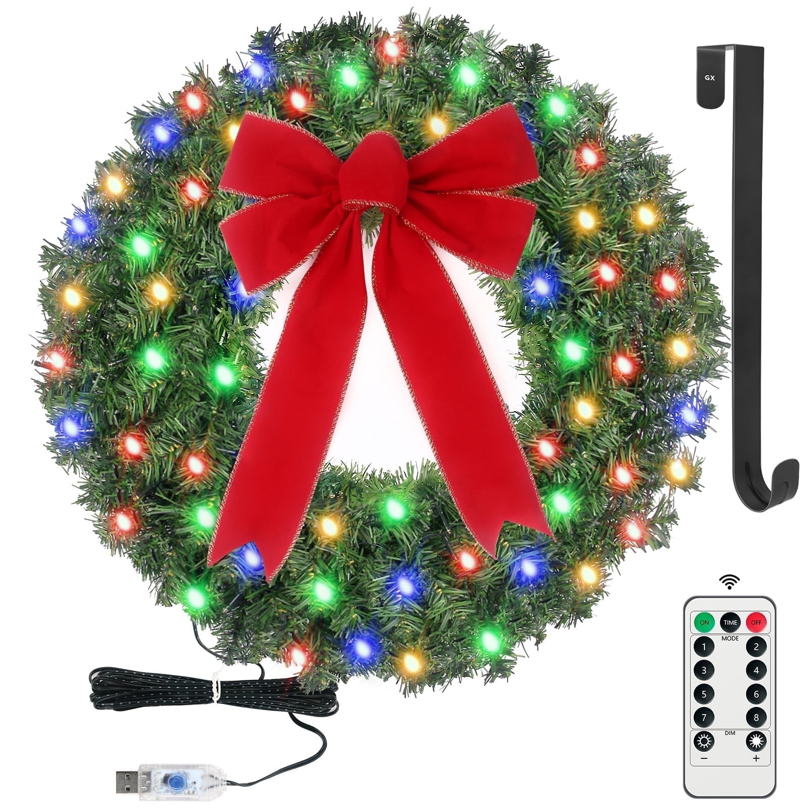 24inch Christmas Wreath USB Prelit Multicolored Lights Lighted ...