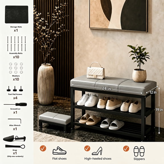 24inch Cushioned Shoe Storage Stool, Modern Entryway Shoe Changing Bench,Double-layer Shoe Sorting Organizer, Sturdy Metal Frame, Suitable for Use In Corridors, ,Bedrooms.