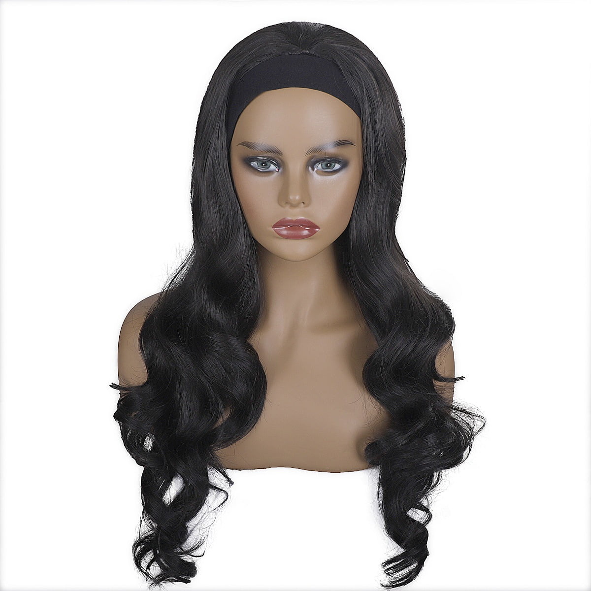 24inch Natural Black Wavy viviabella Long Headband Wigs for Black Women Natural Looking Synthetic Wig with Headband Heat Resistant