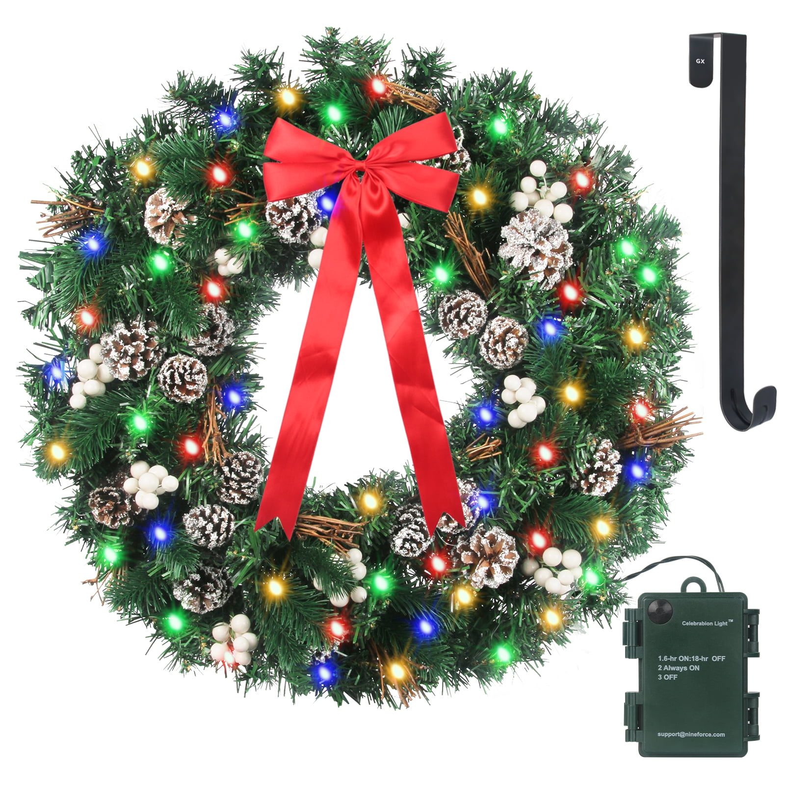 24inch Prelit Christmas Wreath Battery Operated 50 Multicolored Lights Lighted Christmas Wreaths