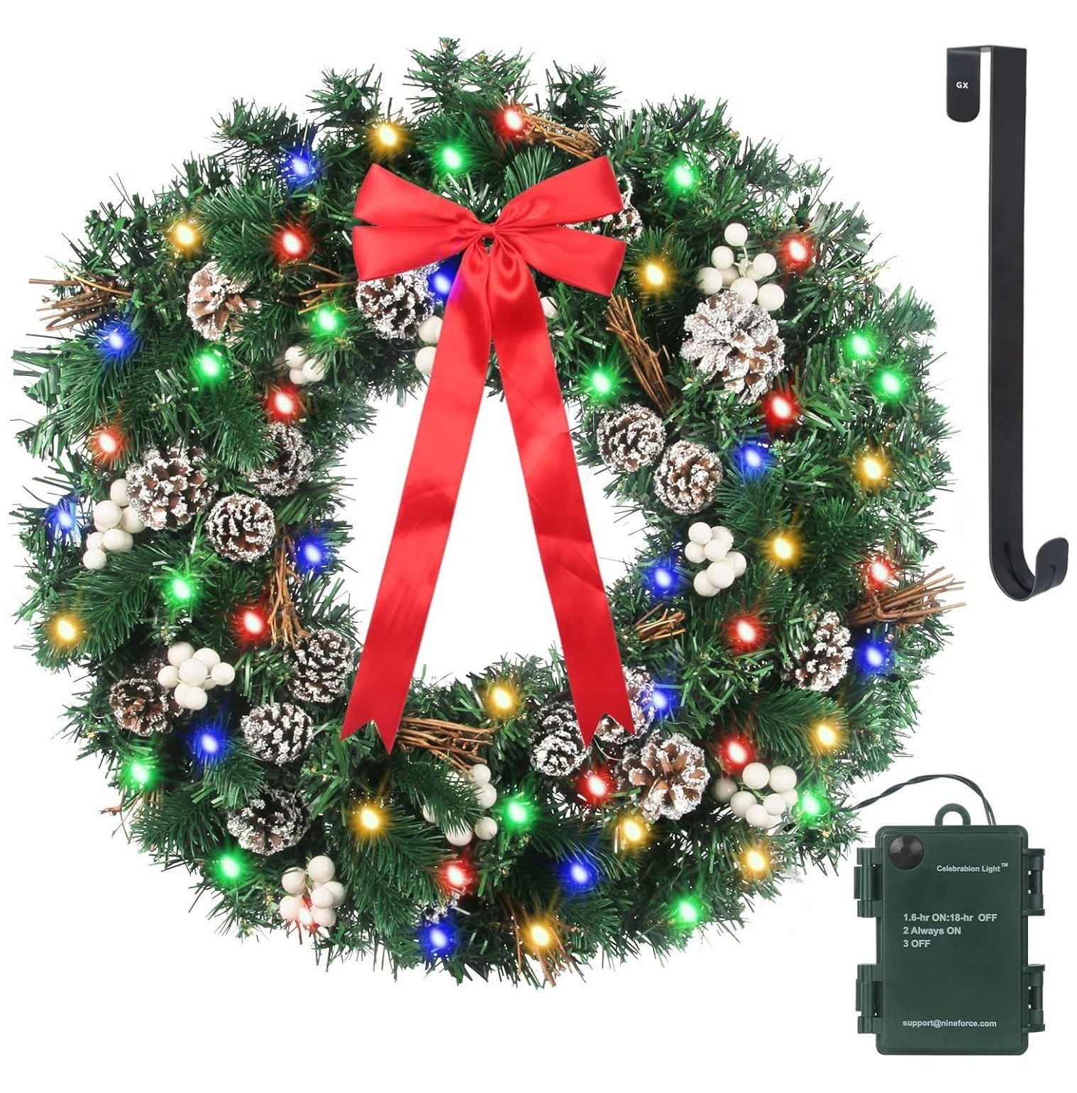 24inch Prelit Christmas Wreath Battery Operated 50 Multicolored Lights