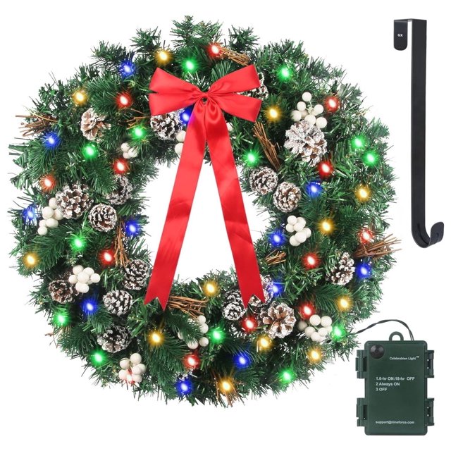 24inch Prelit Christmas Wreath Battery Operated 50 Multicolored Lights