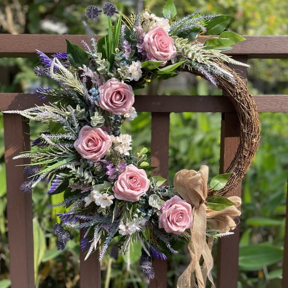 24inch Spring Artificial Rose Wreath for Front Door, Pink Rose with Lavender and Decorative Bow