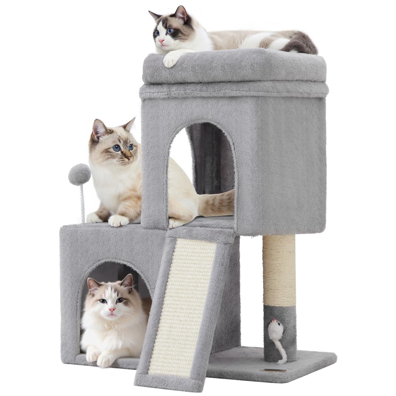 24inch Tall Cat Tree With 2 Condo And Mouse Cozy Small Tower Board For Kitties Cats.(light Grey) (22 * 13 28)