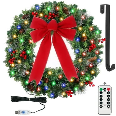 24inch USB Prelit Christmas Wreath with 50 Multicolored Lights Pinecone and Red Berries, Lifelike Snow