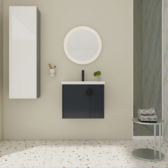 24inch Wall Mount Bathroom Vanity with Sink Combo, Modern Bathroom Cabinet with Ceramic Countertop & Double Soft-Close Doors, Floating Vanity and Sink Set with 3 Colors Metal Handle, Black