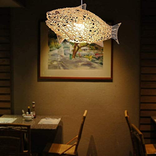 24inch Weaving Natural Wicker Ceiling Hanging Light Fish-Shaped Lantern Pendant Lighting Rattan Light Dining Room Living Room Restaurant Woven Chandelier Drop Lights (Adjustable Co