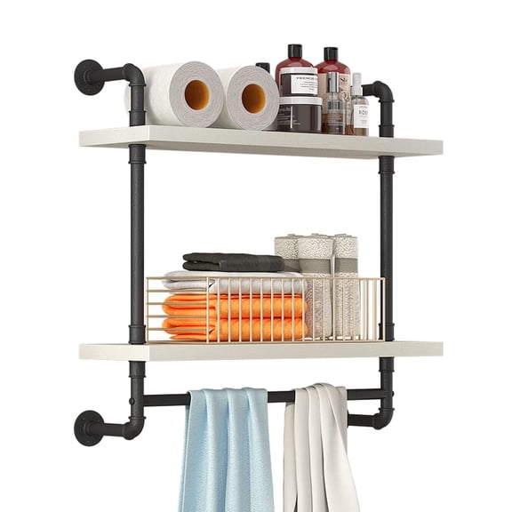 24inch White Industrial Pipe Wall Mounted Shelving with Towel Bar